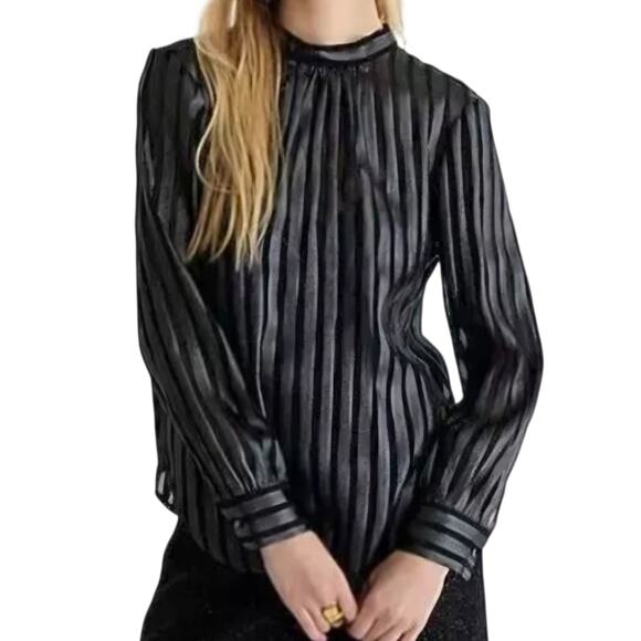 J.Crew Metallic Silk Blend Chiffon Mock Neck Top Black Stripe Tie Shirt Medium - Picture 1 of 9